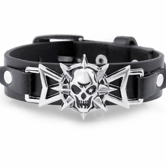 Skeleton Skull Punk Gothic Rock Leather Belt Buckle Bracelets For Men - Picture 3 of 5